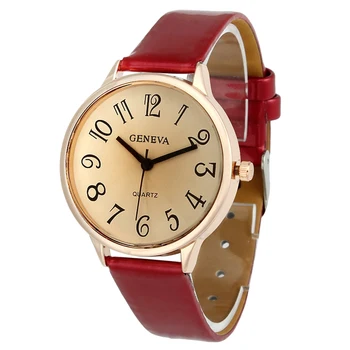 

YCYS-GENEVA Female Arabic numbers smooth Leather belt quartz Wrist Watch Red