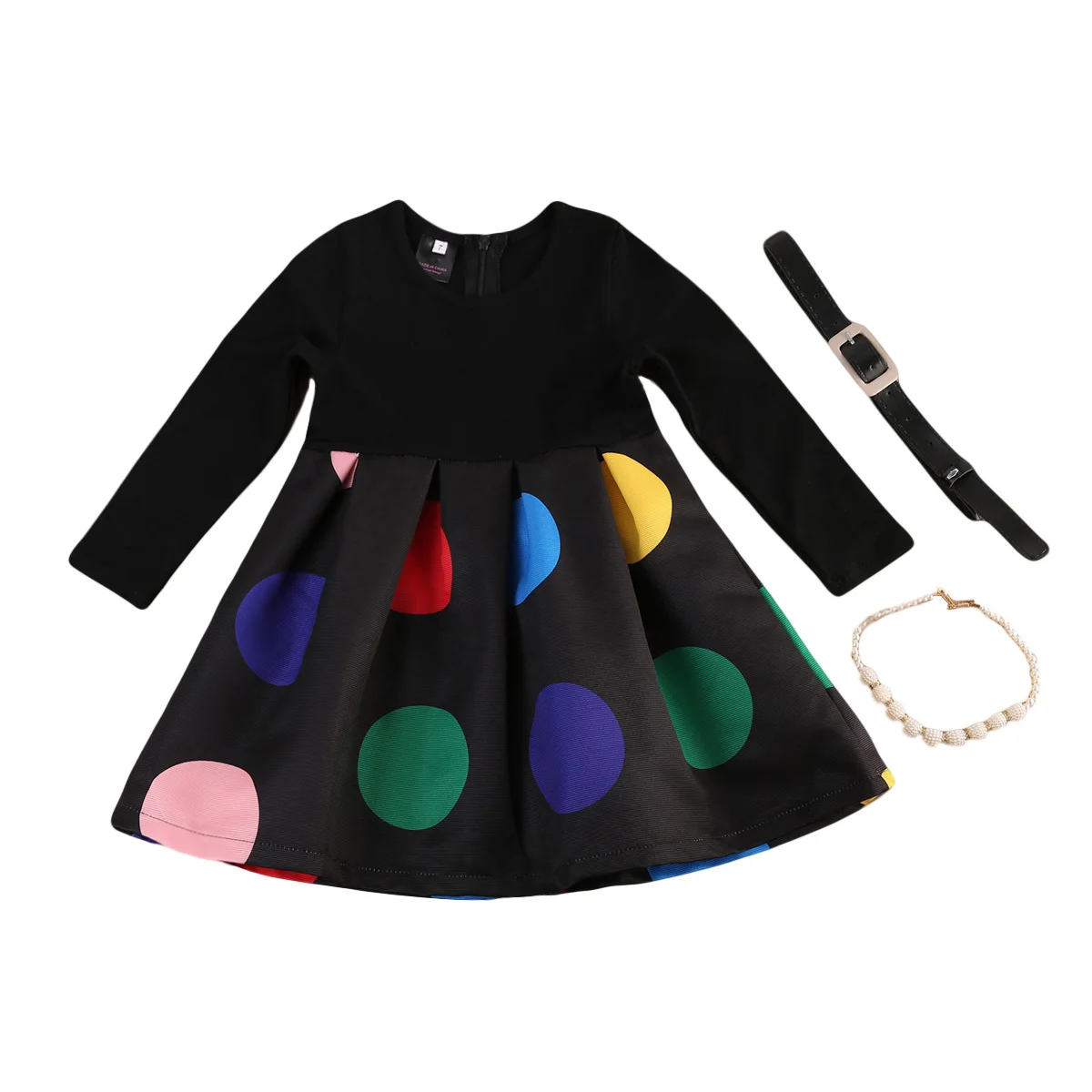 

2017 Autumn Girls Princess Long Sleeve Dot Print Dress + Belt +Necklace Set 3Pcs Party Wedding Pageant Size 3-7T