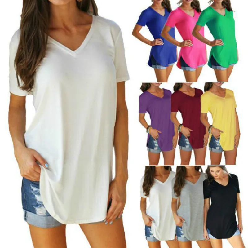 

Women's 2019 explosions hot sale casual comfort high quality solid color V-neck loose short sleeve fashion T-shirt
