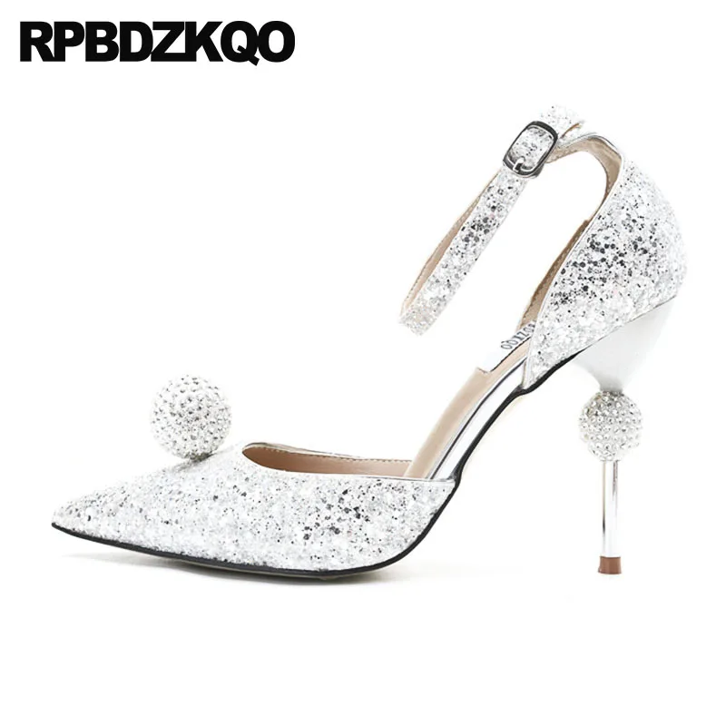 

Pointed Toe Bridal Shoes Crystal Ankle Strap Pumps Diamond Silver High Heels Sandals Scarpin Glitter Women Novelty Rhinestone