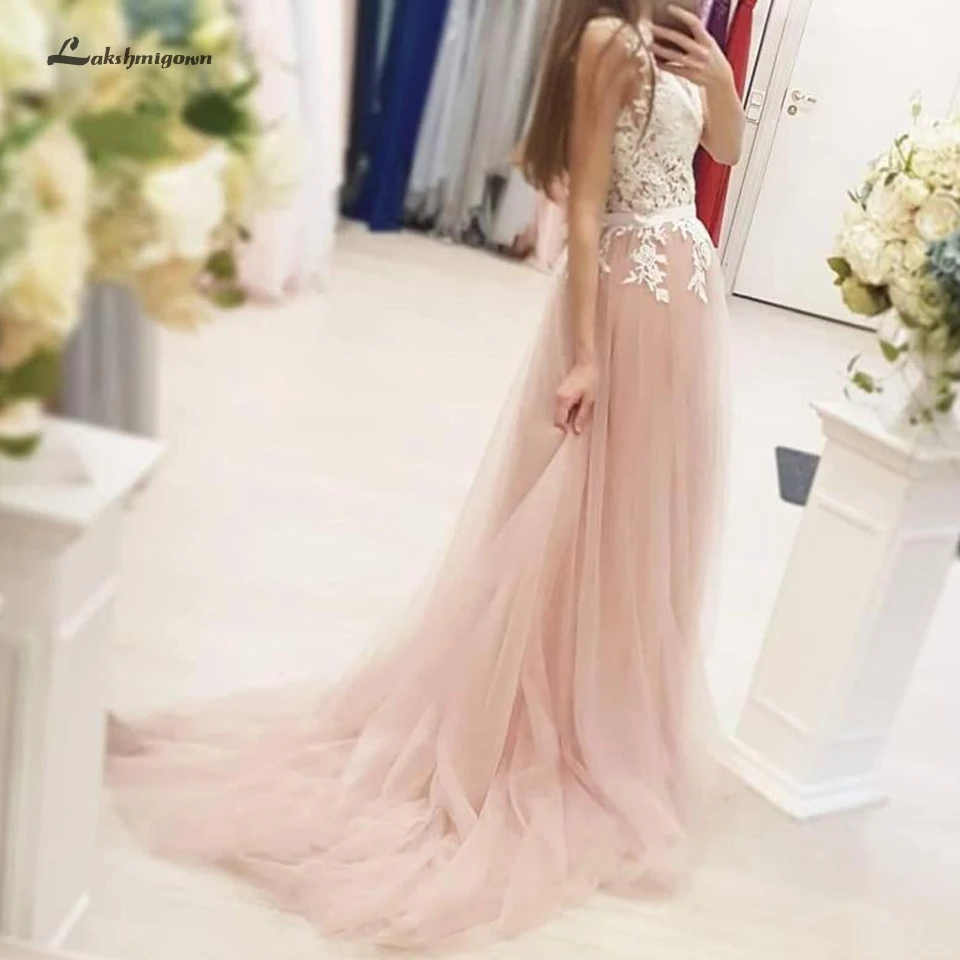 

Lakshmigown Dusty Pink Tulle Wedding Dresses Beach 2019 Vintage Lace Bridal Gown O-Neck Vestido Novia Sirena Sexy Wedding Dress