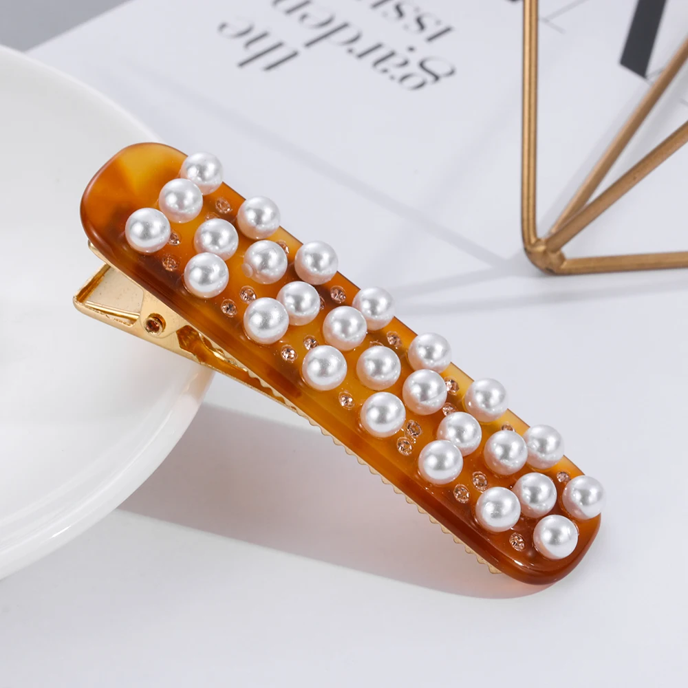 Квадратные заколки для волос для девочек, женские Уксусные кислотные заколки для волос с жемчугом, геометрические шпильки в форме утконоса, аксессуары для волос