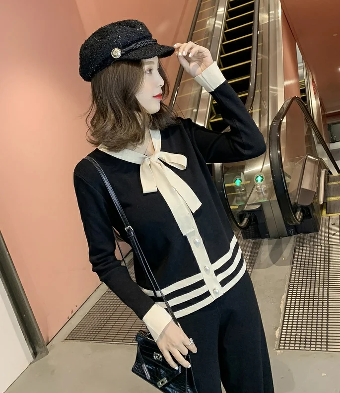 

Mr.nut New Korean version with bow tie top wide leg pants female small fragrance style women two piece outfits