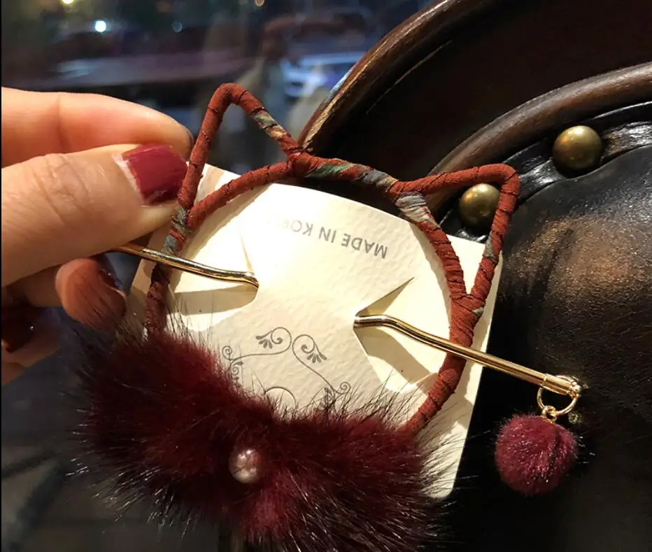 

Korea Adult Hair Tire Girls Sweet Cute Cat Ear Hair Stick With Winter Mink Decorate Dish Hair Accessories