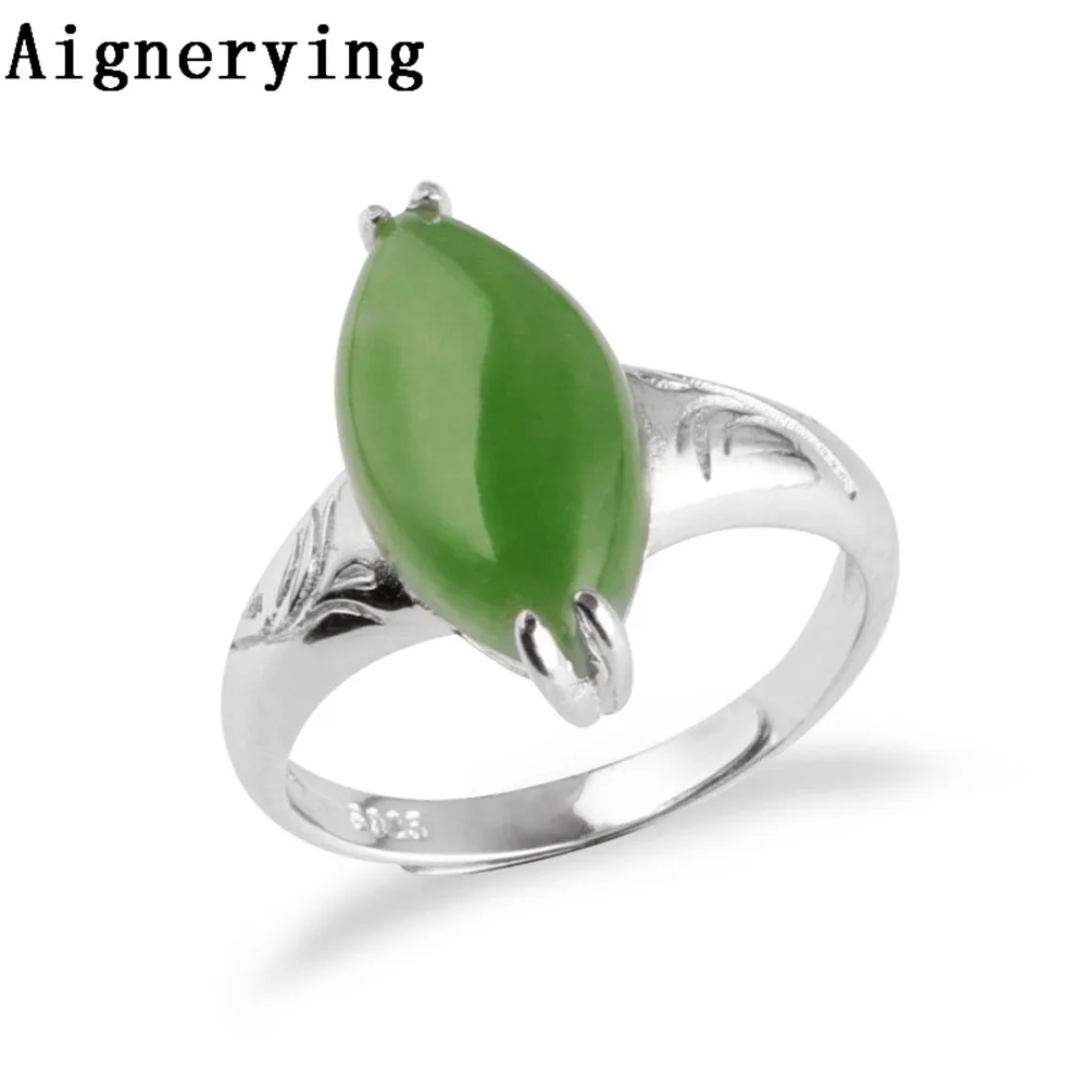 Поставка 925 Серебряный винтажный сертификат натуральный зеленый нефрит Регулируемые кольца крутой палец женское милое кольцо Подарочный