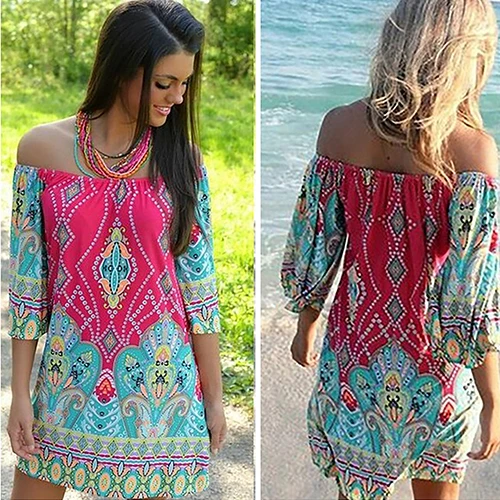 Женская Богемия Стиль Sexy С Плеча Кешью Цветок Летний Пляж Мини Dress Новое