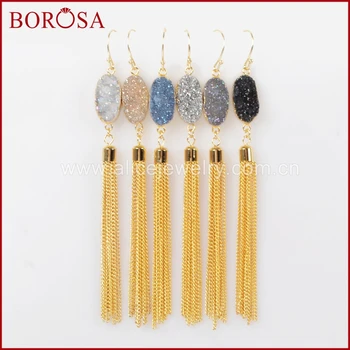 

BOROSA Mix Colors Druzy Dangle Earrings, Oval Gold Color Natural Crystal Druzy Titanium Rainbow Druzy With Tassel Earrings G1286