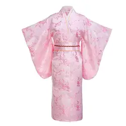 Розовый японский Для женщин традиционные кимоно с Оби Винтаж вечернее платье Производительность платье для танцев Косплэй костюм один