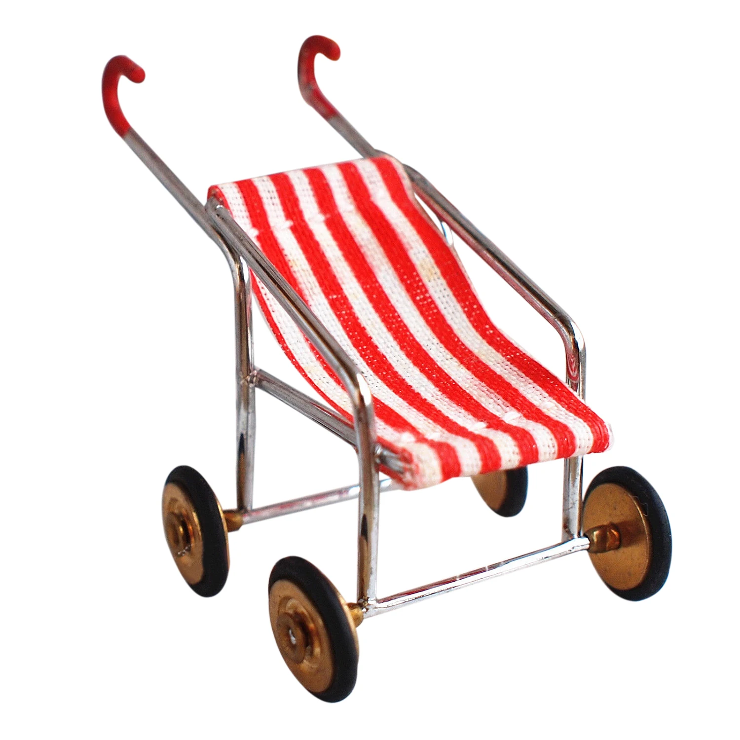 

Dollhouse Miniature 1:12 Toy Red Striped Baby Pram Length 6cm