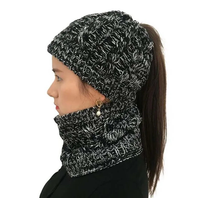 XEONGKVI бренд Твист пустая голова вязаная шапка и шарф набор осень зима теплый конский хвост помпон Skullies шапочки шапки для женщин