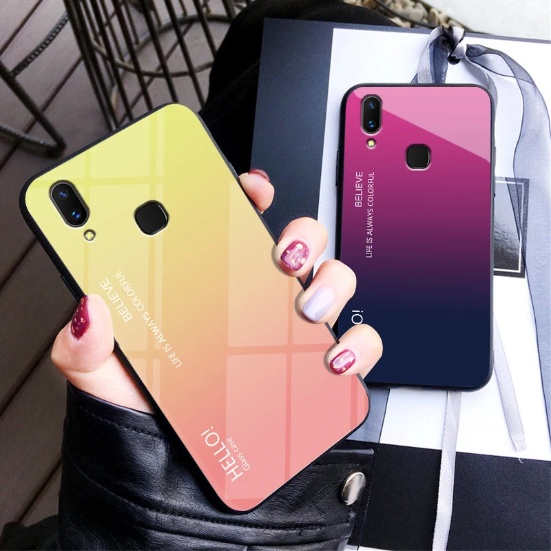 Tempered Glass Case for Huawei Honor 8C Gradient Color Hard Back Cover Honor8C Soft Silicone Bumper For Huawei Honor 8C Case
