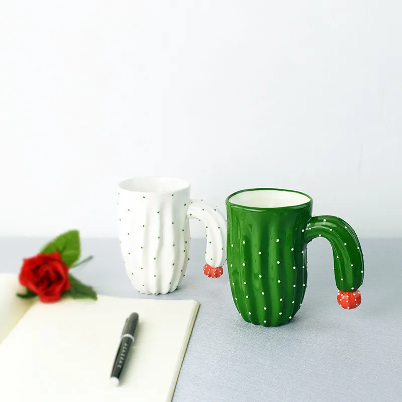 420 мл зеленая креативная кофейная чашка кактус, керамическая чайная кружка в форме растения, чашка для молока, воды, питья, круглая ручка, мультяшная кружка, подарок 1 шт