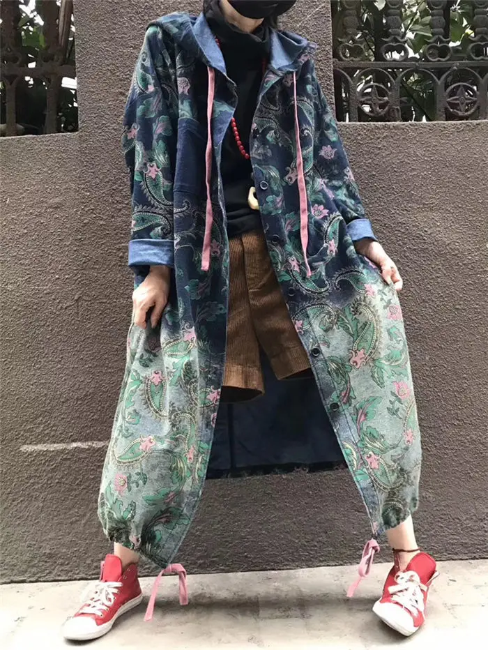 New Harajuku Denim Trench Coat For Women Oversizes Jeans Outerwear Long Sleeve Single-breasted Retro Print Streetwear f924