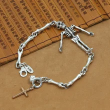 Новинка! Таиланд 925 серебряный браслет с черепом, винтажный браслет из стерлингового серебра с крестом, цепочка с черепом, настоящий серебряный браслет со скелетом