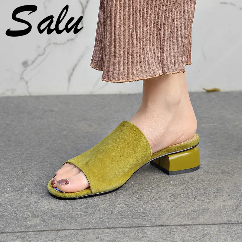 

Salu Sexy Women Low Heels Party Bight Club Sandals Summer Shoes Woman Kid Suede Leather Square Heeled Fashion Sandals