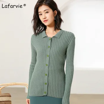 

Lafarvie Slim Knitted Sweater Cardigan Women Autumn Winter Turn-down Collar Full Sleeve Warm Soft Elastic Pull 4 Colors S-XXL