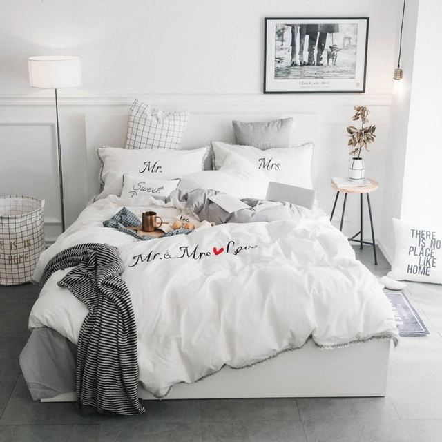 White Grey Pink 100 Cotton Embroidery Bedding Set Twin Queen King White Grey Pink 100 Cotton Embroidery Bedding Set Twin Queen King Size Duvet Cover Bed