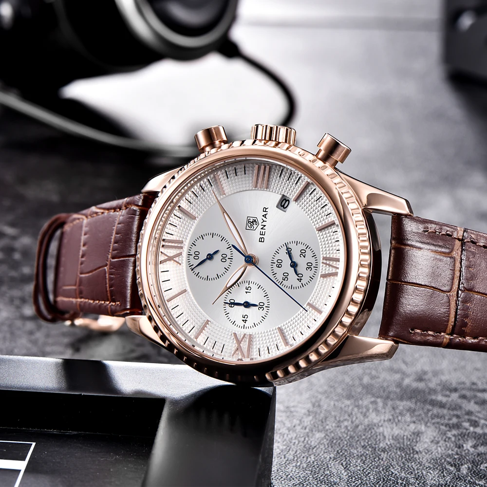 BENYAR Men's Watch Fashion/Sport/Quartz Watch Men Wristwatch Mens Clock Top Brand Luxury Leather Watches Men Relogio Masculino