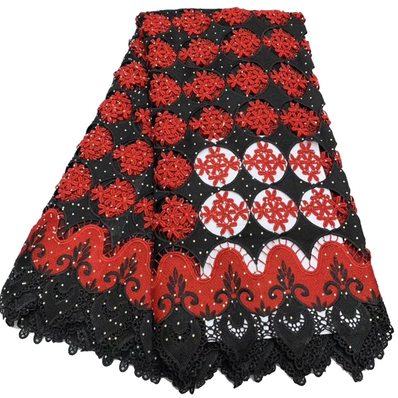 

Free shipping (5yards/pc) high quality black and red embroidered African big cord lace fabric with stones for making dress FLA18