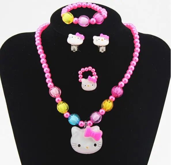 1set 4pcs S Pink Kitty Cat Bracelet Rings Clip Earrings Necklace 1set 4pcs S Pink Kitty Cat Bracelet Rings Clip Earrings Necklace Kids Lovely Jewelry Set Round Beads Accessories For Gift In Sets From