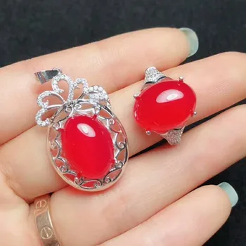 

Fidelity Natural 12*16mm Chalcedony s925 sterling silver hot fine jewelry sets for women natural red gemstone rings Pendant