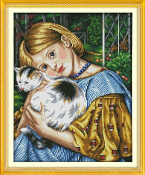 

Girl and cat (3) counted printed on fabric DMC 14CT 11CT Cross Stitch kitsembroidery needlework Sets Home Decor