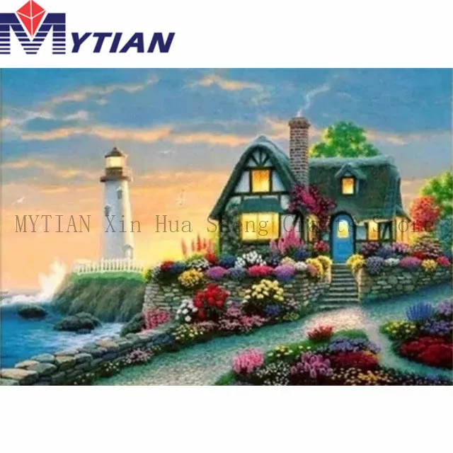 18092813 Ocean,Beach,Cottage,Lighthouse,DIY 5D Diamond Painting Art Kit,MYTIAN Mosaic Scenery,Landscape Diamond Embroidery Wall Stickers