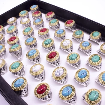 

EKUSTYEE 12pcs Mix Color Design Mixed Stone Rings Wholesale Lot Vintage Look Antique Gold Color Fashion Jewelry