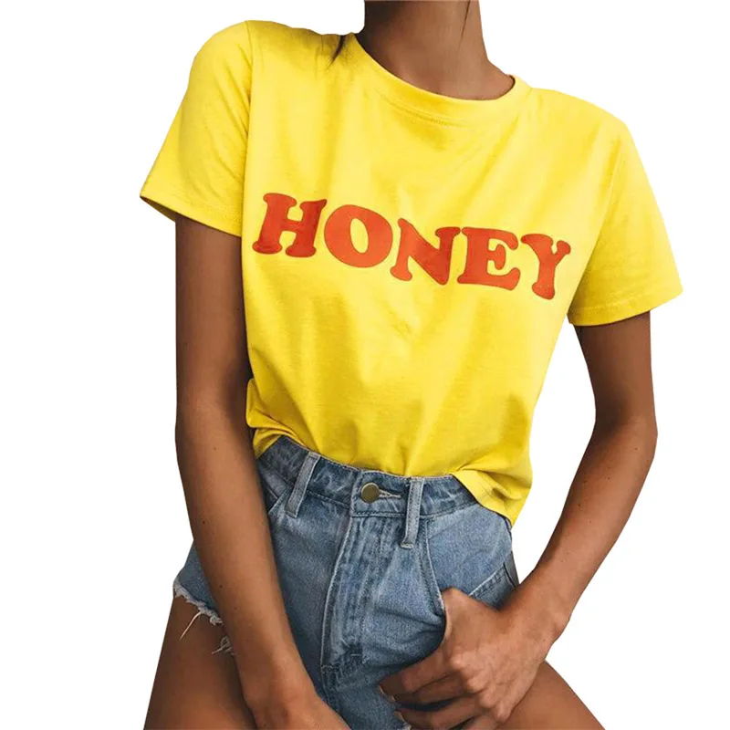 Honey Уличная Повседневная Свободная футболка 2018 летняя печать письмо обрезанный