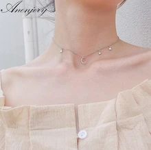 ANENJERY-Collar de plata de ley 925 con Micro circonita colgante luna y estrella, Gargantilla corta, S-N220