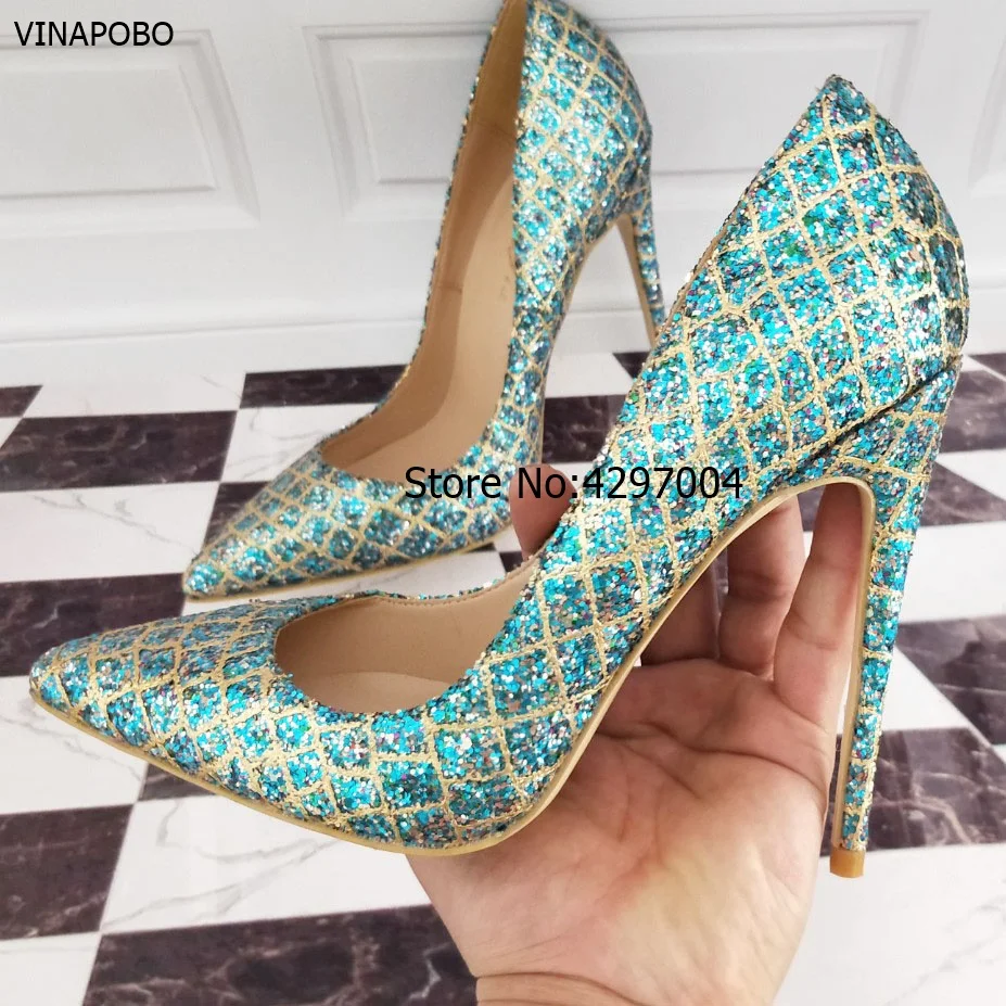 

2018 New Pointed Toe Wedding Shoes Women Blue Gold Grid Bling Thin High Heels 8cm/10cm/12cm Genuine leather Shallow Party Pumps