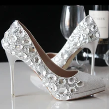 Mode Elegant Modest Partei Brautmode Schuhe Niedrigen Ferse Schuhe Silber Kristall Bling Bling Brautkleider Schuhe