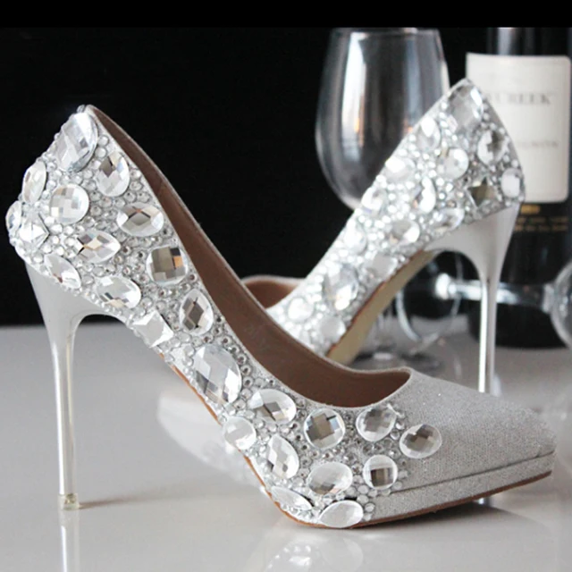Fashion Silver Crystal Bling Bling Wedding Dresses Shoes Elegant