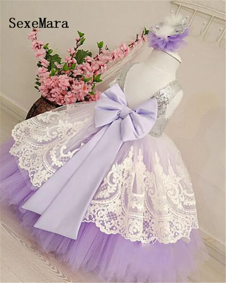 purple and silver flower girl dresses