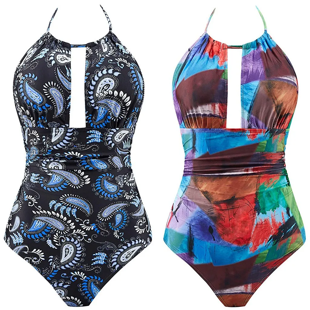 

New Bikinis 2019 mujer One Piece Swimsuits Women Swimwear Plus Size Bathing Suits V Neckline Halter Cover-ups Dropping Biquini
