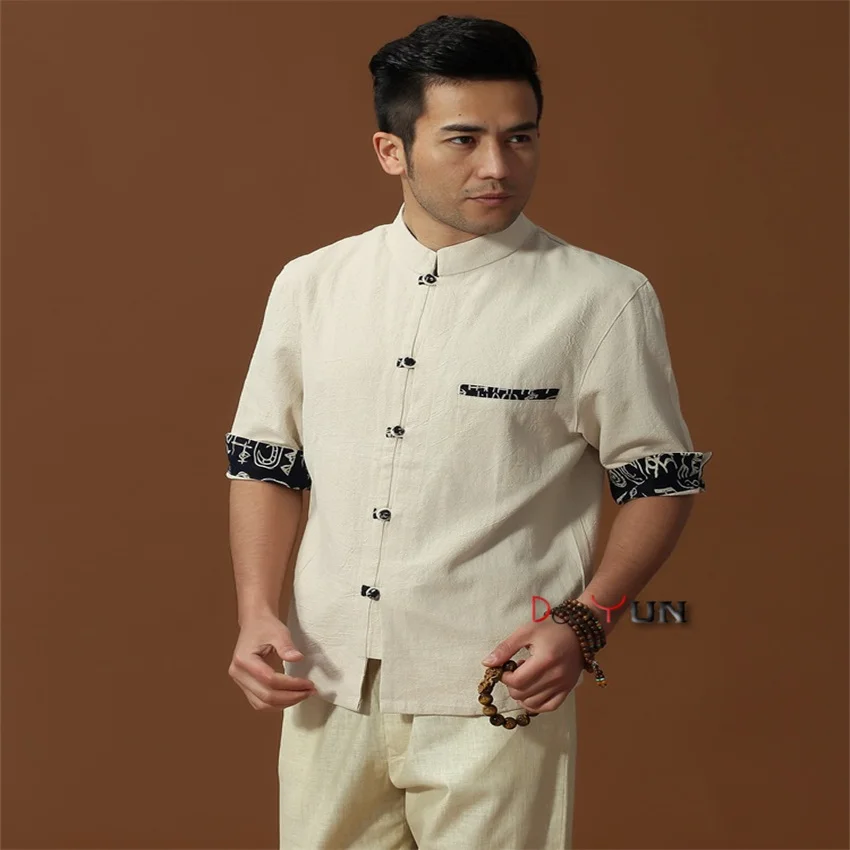 Высокое качество бежевый китайский Для мужчин хлопок лен классический кунг-фу Рубашка китайская кнопка костюм Тан костюм Размеры размеры s m l xl XXL, XXXL