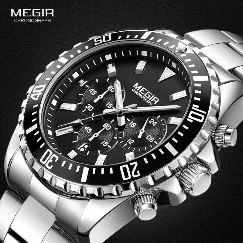 

MEGIR Luxury Business Quartz Watch Men Brand Stainless Steel Chronograph Army Military Wrist Watch Clock Relogio Masculino Male