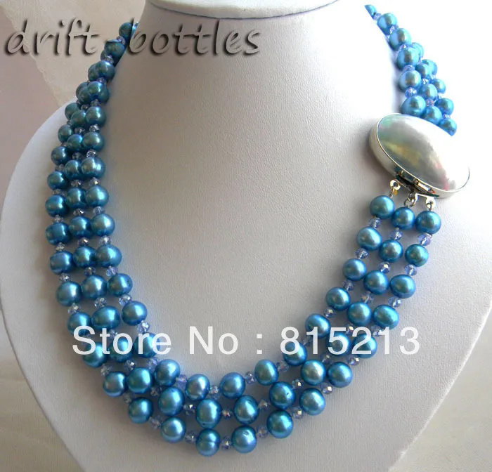 

ddh001588 3Strands 18'' 9mm Blue Round Freshwater Pearl Faceted Crystal Necklace 28% Discount