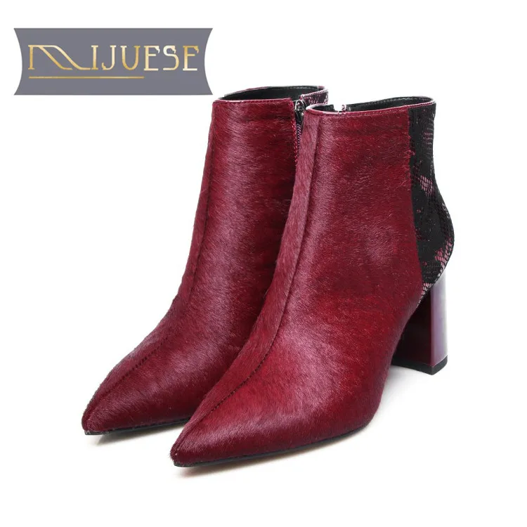 

MLJUESE 2019 women ankle boots horsehair wine red color pointed toe autumn spring high heels women boots party dress