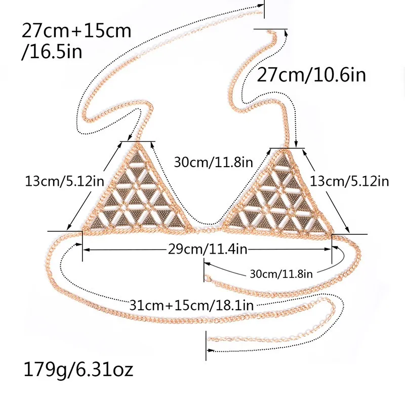 Сексуальные летние треугольные цепи для тела, Преувеличенные геометрические звенья, бикини ручной работы, топ, бюстгальтер, пляжные ювелирные изделия для женщин