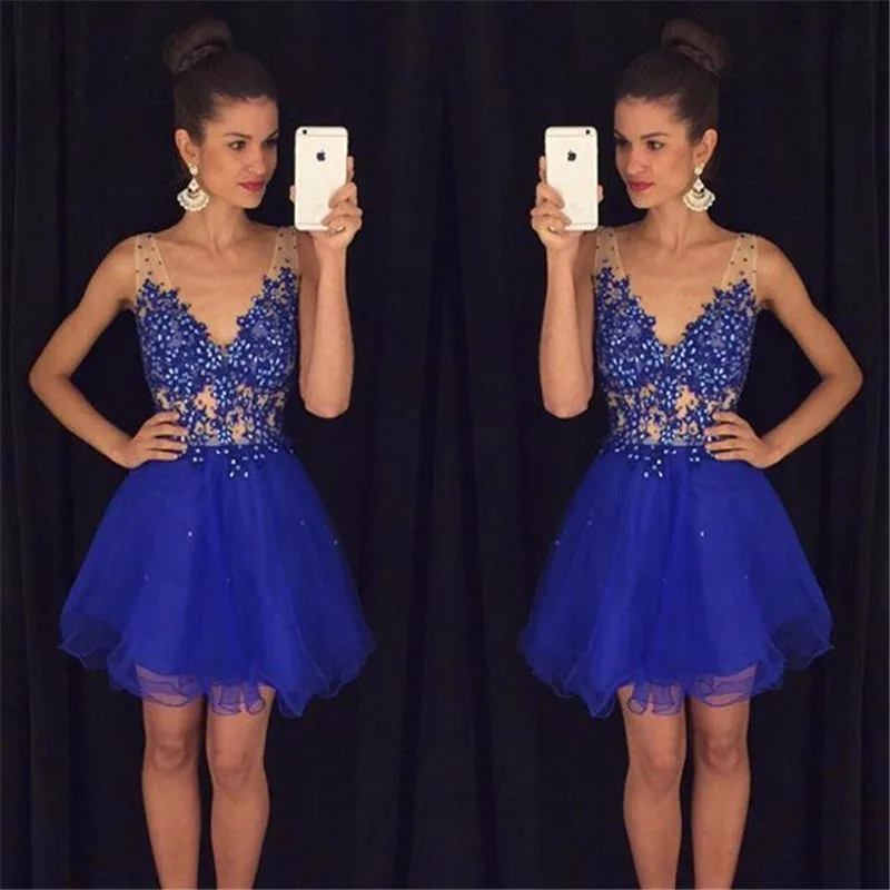 

Vinca Sunny Evening dress Sexy V Neck A Line Lace Beaded royal Blue Short Prom Dresses 2019 party dress vestido de festa