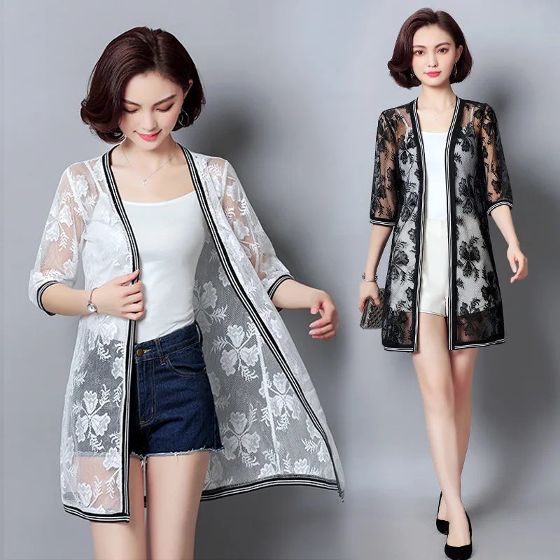 LXMSTH L 5XL кардиган для женщин длинный летний 2019 модные лоскутные кружевные рубашки