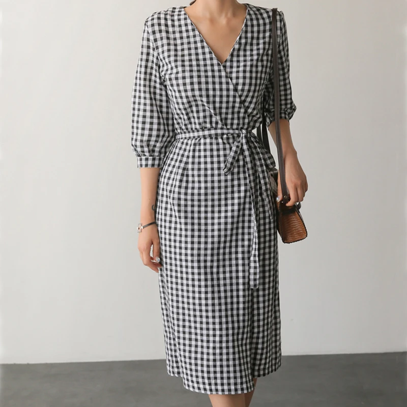 Flectit Women Gingham Dress Linen-blend Checkered V-neck Tie Waist Wrap  Midi Dress Summer Vacation Outfit Vestido * - Dresses - AliExpress