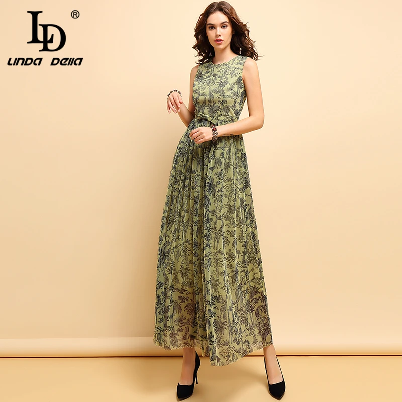

LD LINDA DELLA Fashion Spring Summer Maxi Dress Women's Vintage Bow Animal Printed Mesh Overlay Elegant Party Long Dresses 2019