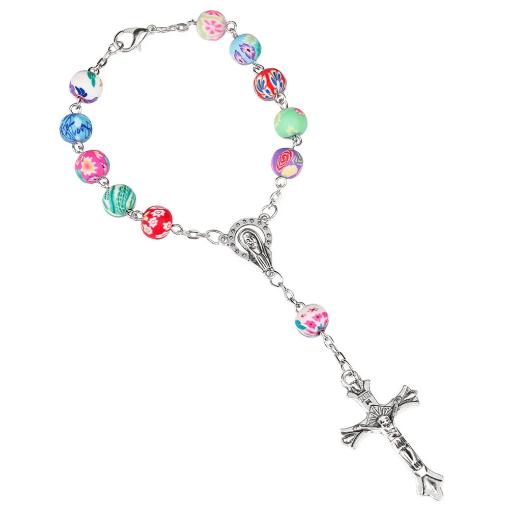 

Catholic 8mm Coloured Ceramic Beads Rosary Bracelet Alloy Virgin Mary Jesus Cross Pendant Bracelet Fashion Women Prayer Jewelry