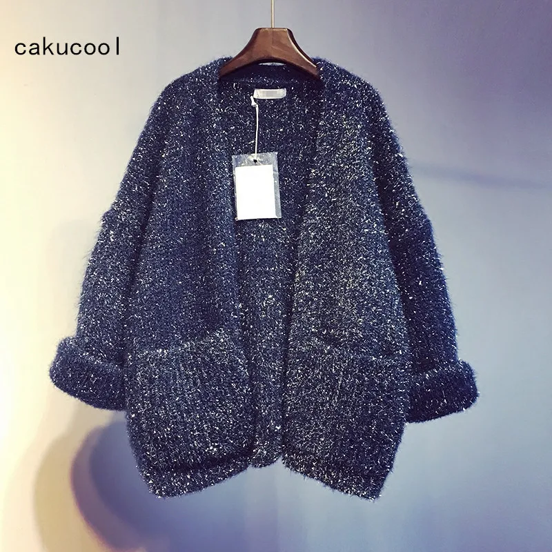 

Cakucool Women Knit Cardigans Long Sleeve Gold Lurex Bling Sweaters Embellish Loose V-neck Open Stitch Casual Sweater Coat Femme