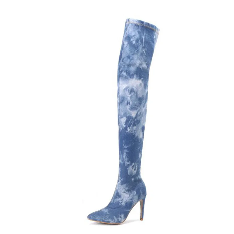 

Sexy Women Over The Knee Boots Plus Size Hand-made denim Woman Boots Round Toe Flat with Shoes Female Footwear Thigh High Boots