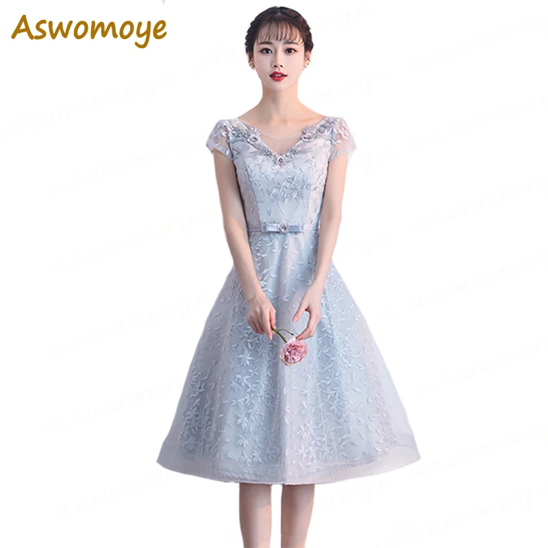 

Aswomoye Elegant A-Line Evening Dress Short 2018 New Appliques Sashes Silver Prom Dress Beaded V neck robe de soiree