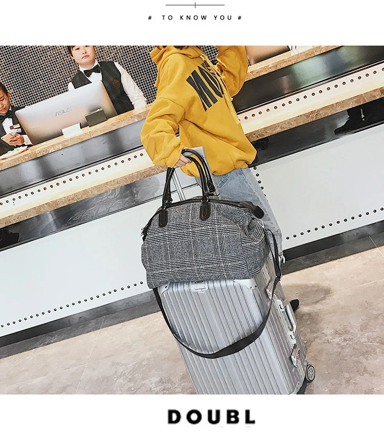 Short-distance Travel Bag Female Handbag Wool Large Capacity Waterproof Men Diagonal Fitness Bag Black Plaid Pattern Duffel Bag