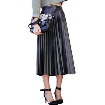 

2017 New Spring Autumn Women Skirts Vintage High Waist Black Faux Leather Skirts Female Slim Party Midi PU Pleated Skirt AB057